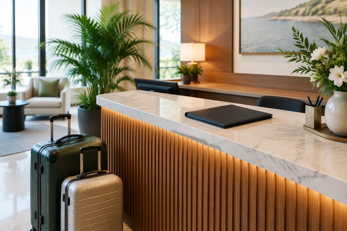 Hotel reception with luggage and an unmarked booking folder